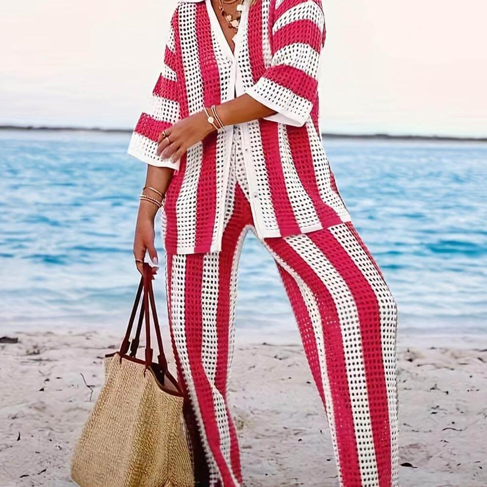 Alicia - Trendy Two Piece Striped Shirt and Pant Set
