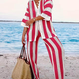 Alicia - Trendy Two Piece Striped Shirt and Pant Set
