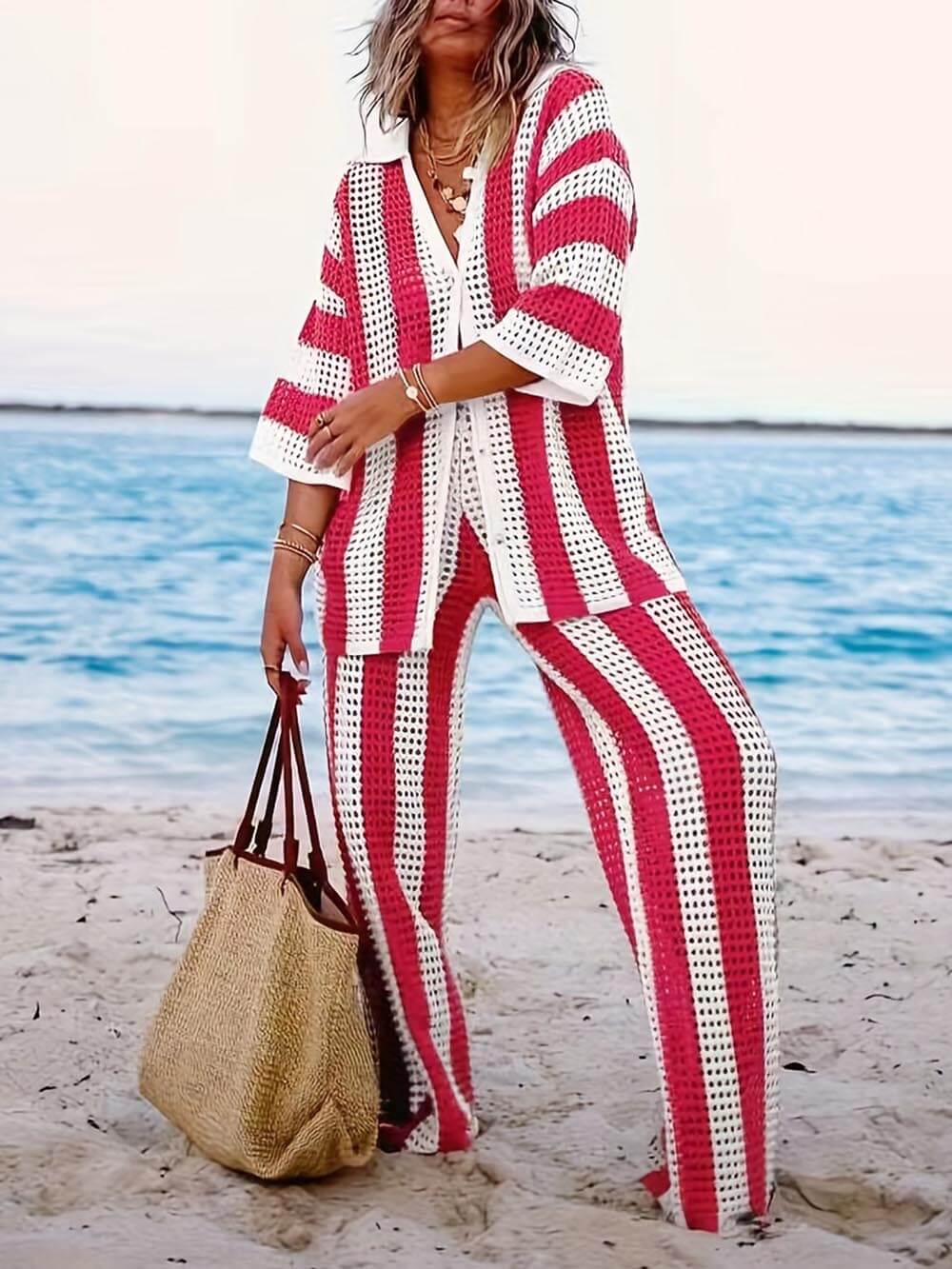 Alicia - Trendy Two Piece Striped Shirt and Pant Set