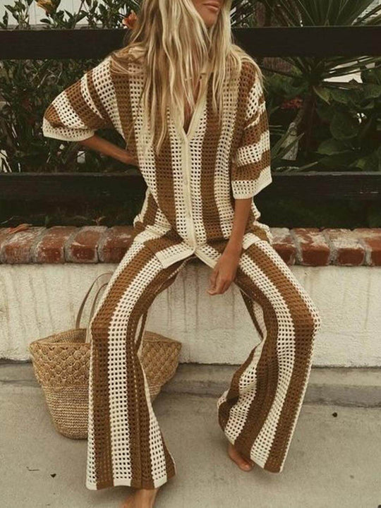 Alicia - Trendy Two Piece Striped Shirt and Pant Set