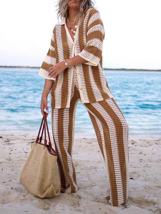 Alicia - Trendy Two Piece Striped Shirt and Pant Set