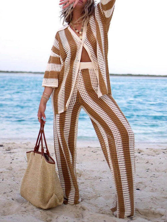 Alicia - Trendy Two Piece Striped Shirt and Pant Set
