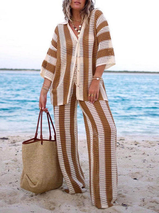 Alicia - Trendy Two Piece Striped Shirt and Pant Set