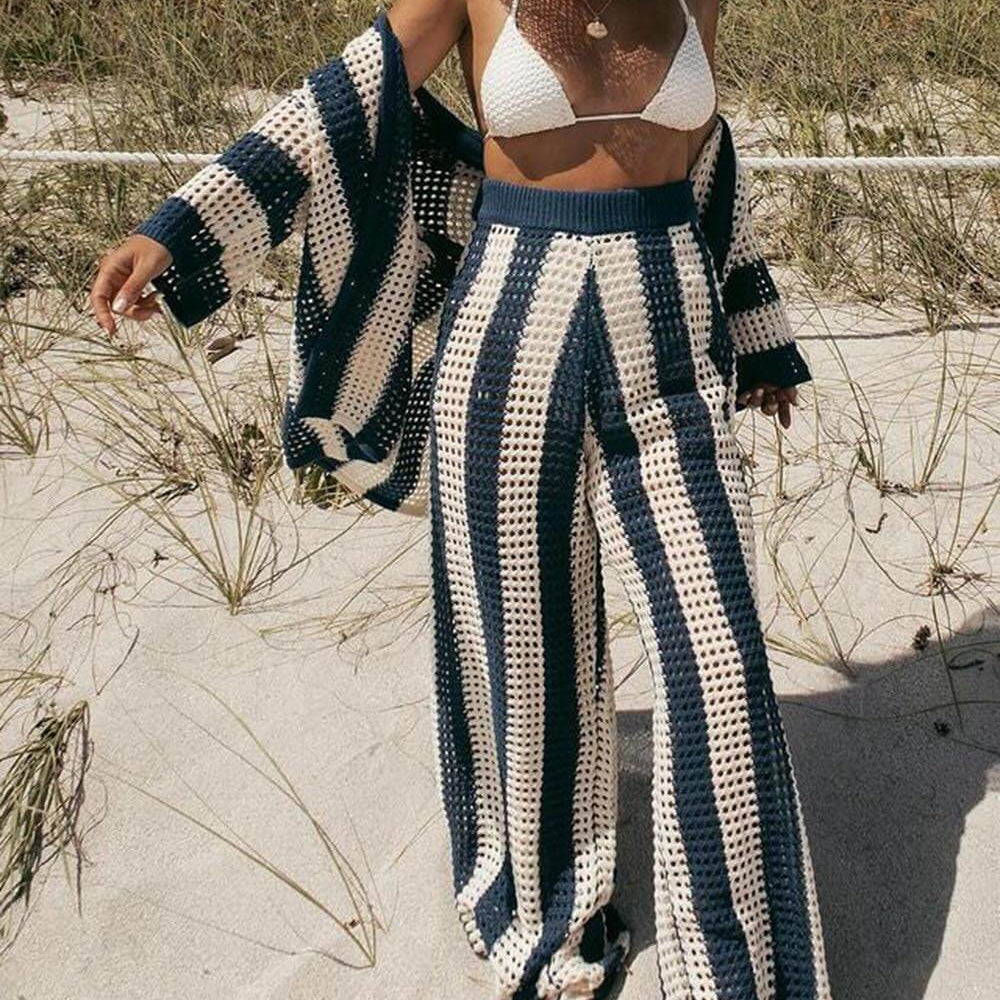 Alicia - Trendy Two Piece Striped Shirt and Pant Set