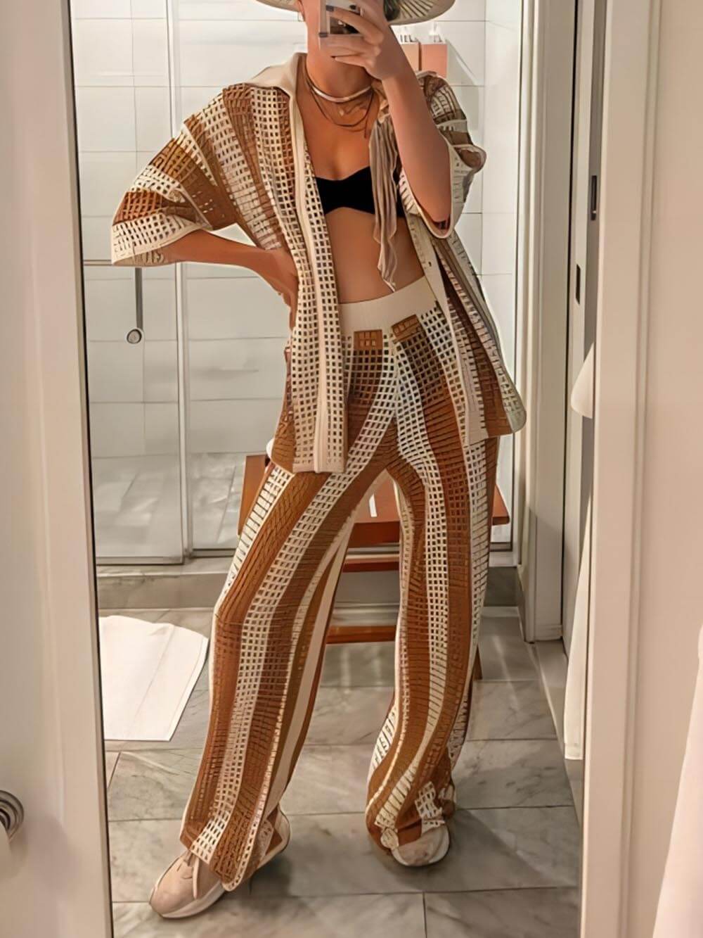 Alicia - Trendy Two Piece Striped Shirt and Pant Set