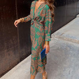 Janella - Vintage Draped Long Sleeve Midi Dress