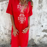 Lena™ Rochie cu broderie, mâneci scurte, din bumbac și in