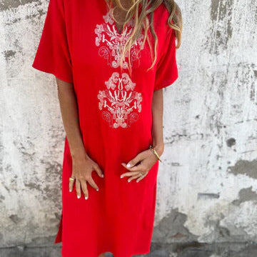 Lena™ Rochie cu broderie, mâneci scurte, din bumbac și in