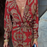 Janella - Vintage Draped Long Sleeve Midi Dress