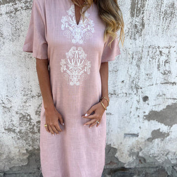 Lena™ Rochie cu broderie, mâneci scurte, din bumbac și in