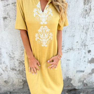 Lena™ Rochie cu broderie, mâneci scurte, din bumbac și in