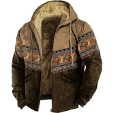 Men's Fleeced Zipper Hoodies Tribal Graphic Bison Pattern Winter Clothing Long Sleeve Sweatshirt Casual Hooded Jacket Outerwear