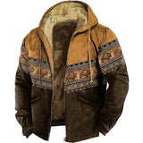 Men's Fleeced Zipper Hoodies Tribal Graphic Bison Pattern Winter Clothing Long Sleeve Sweatshirt Casual Hooded Jacket Outerwear
