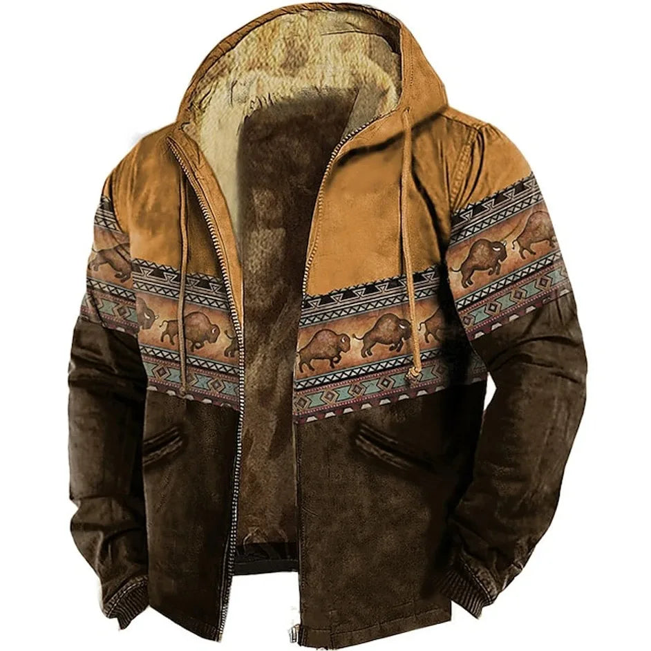 Men's Fleeced Zipper Hoodies Tribal Graphic Bison Pattern Winter Clothing Long Sleeve Sweatshirt Casual Hooded Jacket Outerwear