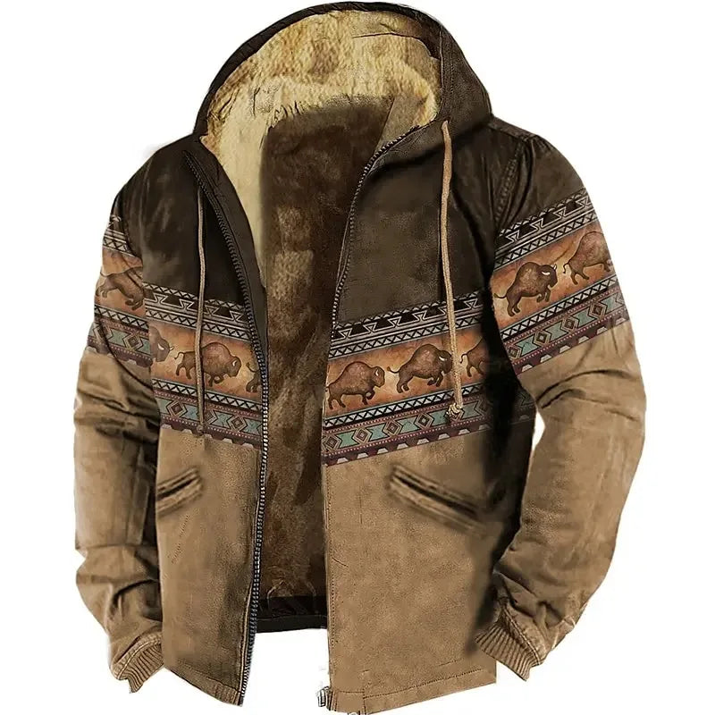 Men's Fleeced Zipper Hoodies Tribal Graphic Bison Pattern Winter Clothing Long Sleeve Sweatshirt Casual Hooded Jacket Outerwear