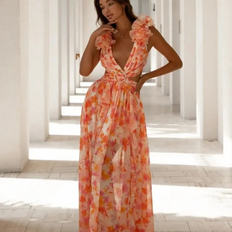 Lexi - Elegant Backless Ruffles Maxi Dress