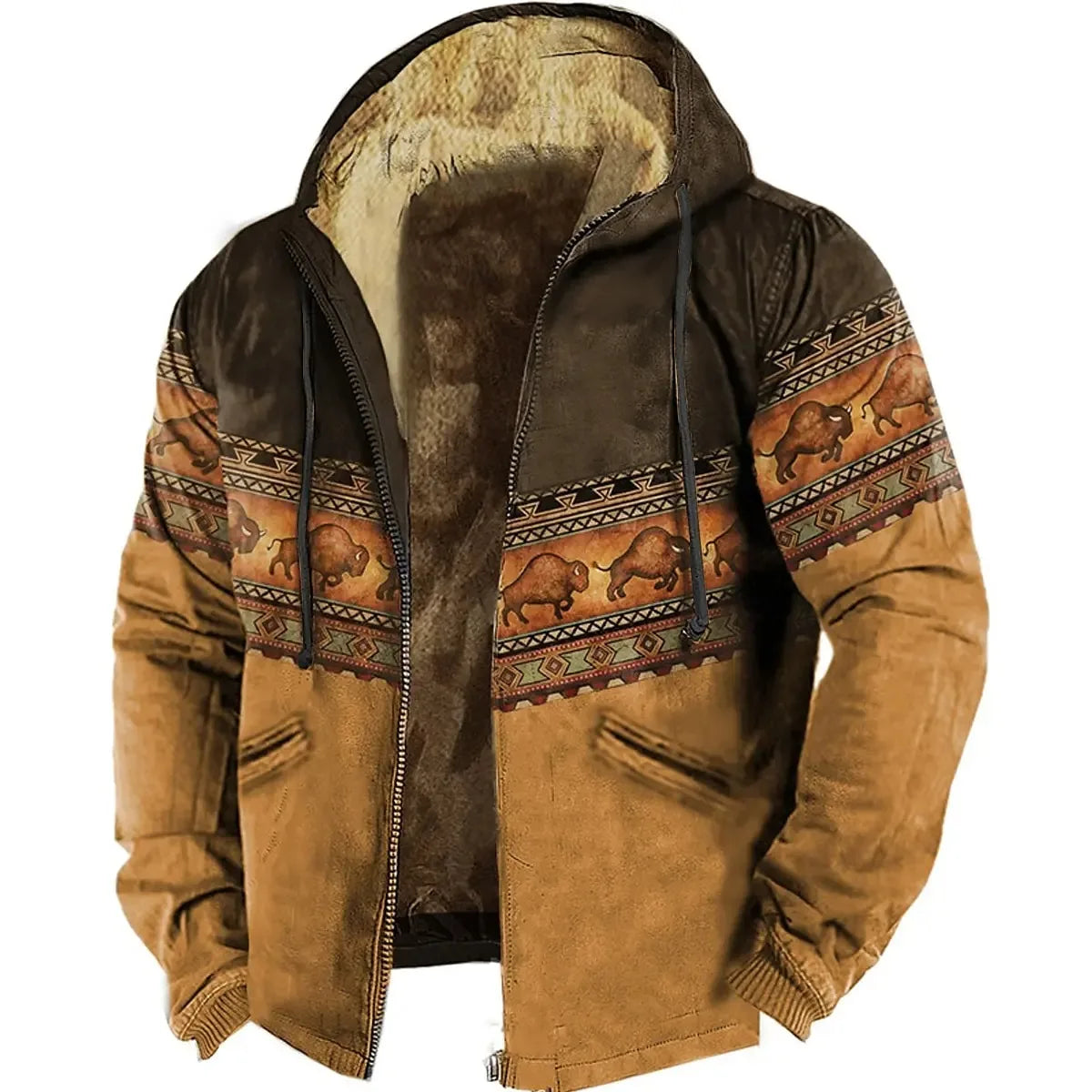 Men's Fleeced Zipper Hoodies Tribal Graphic Bison Pattern Winter Clothing Long Sleeve Sweatshirt Casual Hooded Jacket Outerwear