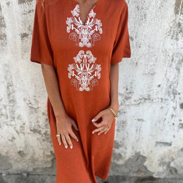 Lena™ Rochie cu broderie, mâneci scurte, din bumbac și in