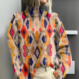 Élina - Pulover tricotat cu guler înalt și model geometric în carouri